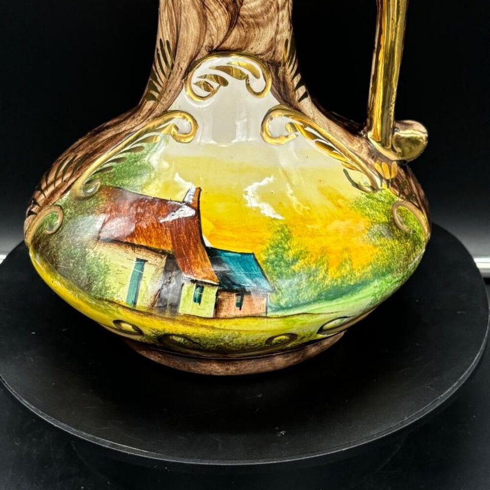 Vintage 1950's Quaregnon Belgium Pottery Hand Painted Ewer Pitcher Vase 10 X 6 - Picture 4 of 10